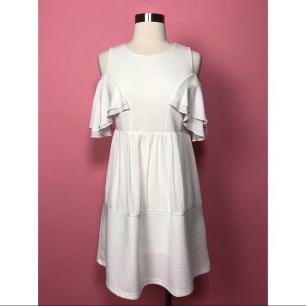 Zara Basic cold shoulder white fit flare mini Summer wedding dress M